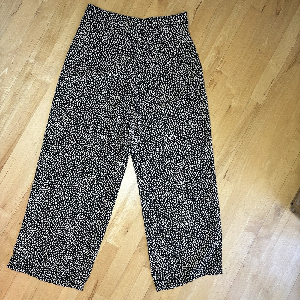 Coldwater Creek Whimsy Wide Leg Pants 10 Black Beige Boho Elastic Waist‎ Preppy